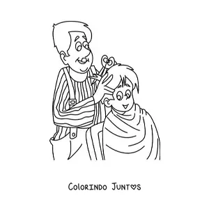 Desenho para colorir de barbeiro fazendo um corte de cabelo em um menino