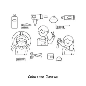 Desenho para colorir da profissao de cabeleireira e suas ferramentas