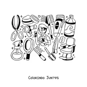 Desenho para colorir da profissao de barbeiro com sua cadeira e suas ferramentas