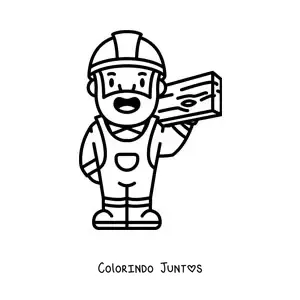 Desenho para colorir de carpinteiro kawaii com uma tabua de madeira