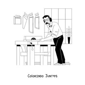 Desenho para colorir de carpinteiro cortando madeira na carpintaria