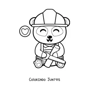 Desenho para colorir de panda carpinteiro kawaii cortando madeira