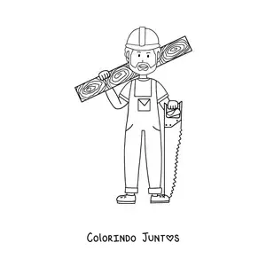 Desenho para colorir de homem com profissao de carpinteiro com uma tabua e um serrote