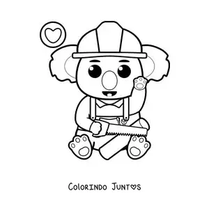 Desenho para colorir de coala carpinteiro kawaii cortando madeira