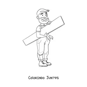 Desenho para colorir de homem com ocupacao de carpinteiro com uma tabua e um martelo