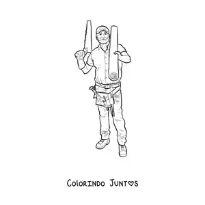 Desenho para colorir de carpinteiro realista com suas ferramentas