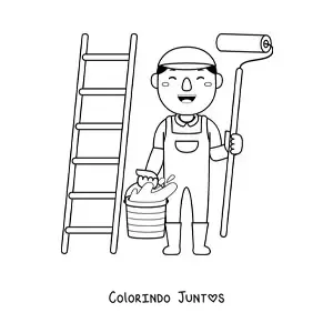 Desenho para colorir de homem com profissao de pintor com um rolo e uma escada