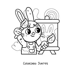 Desenho para colorir de coelho pintor kawaii animado pintando um quadro