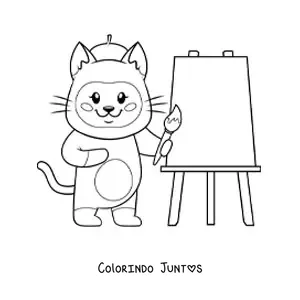 Desenho para colorir de gato pintor kawaii animado pintando um quadro