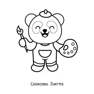 Desenho para colorir de panda pintor kawaii facil com uma paleta e um pincel