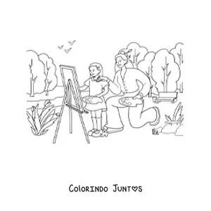 Desenho para colorir de menina e sua mae pintando um quadro em um parque
