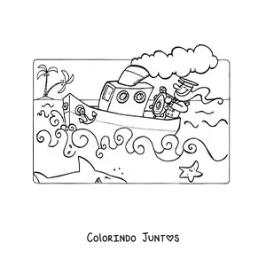 Desenho para colorir de um marinheiro em um barco no mar com um tubarão e uma estrela-do-mar