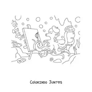 Desenho para colorir de polvo pintor animado pintando um quadro no fundo do mar