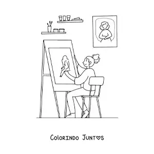 Desenho para colorir de garota artista pintando um quadro em casa