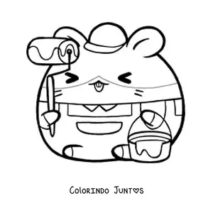 Desenho para colorir de hamster kawaii animado com profissao de pintor com um rolo