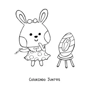 Desenho para colorir de coelho pintor kawaii animado pintando um ovo de pascoa