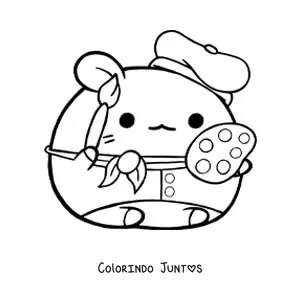 Desenho para colorir de hamster pintor kawaii animado com uma paleta e um pincel