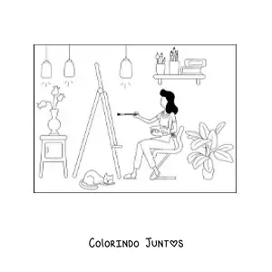 Desenho para colorir de garota artista pintando um quadro em casa ao lado do seu gato