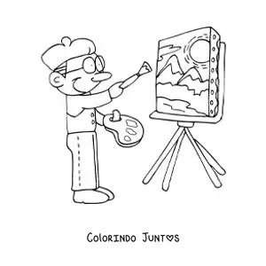 Desenho para colorir de pintor facil animado pintando uma obra de arte
