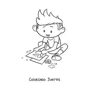 Desenho para colorir de menino pintando em folhas de papel