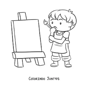 Desenho para colorir de menino pintor diante de uma tela em branco
