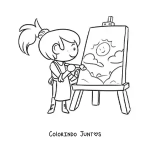Desenho para colorir de menina artista pintando em uma tela