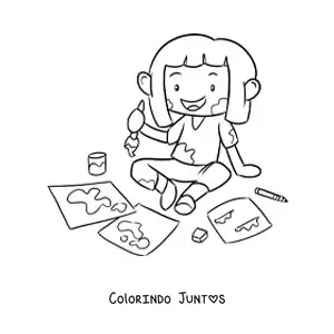Desenho para colorir de menina pintando em folhas de papel