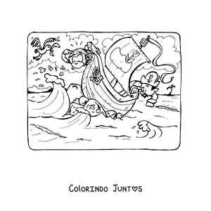 Desenho para colorir de um navio pirata no mar batendo contra as ondas