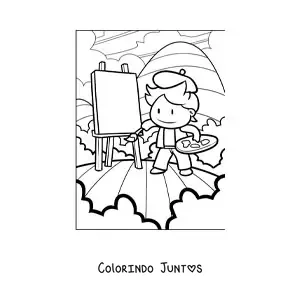 Desenho para colorir de pintor animado criando uma obra de arte