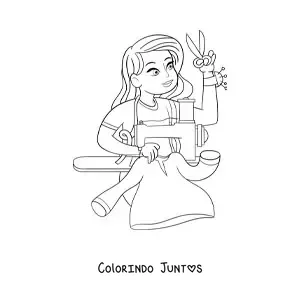 Desenho para colorir de modista e costureira com maquina de costura
