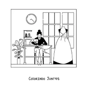 Desenho para colorir de estilista de moda e costureira com maquina de costura
