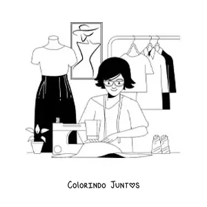 Desenho para colorir de estilista de moda costurando em uma maquina de costura ao lado de um manequim