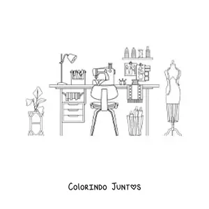 Desenho para colorir do atelie de uma modista e suas ferramentas