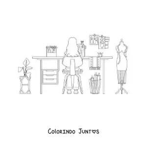 Desenho para colorir de mulher com profissao de modista em seu atelie de costura