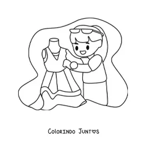 Desenho para colorir de estilista de moda animada com um vestido em um manequim