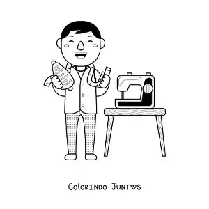 Desenho para colorir de alfaiate com uma fita metrica e uma maquina de costura