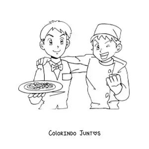 Desenho para colorir de garcom e chef de um restaurante estilo anime