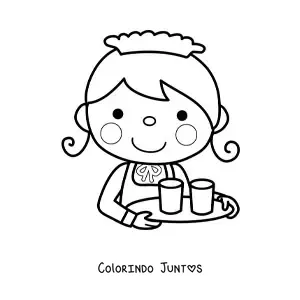 Desenho para colorir de garconete kawaii levando uma bandeja com copos