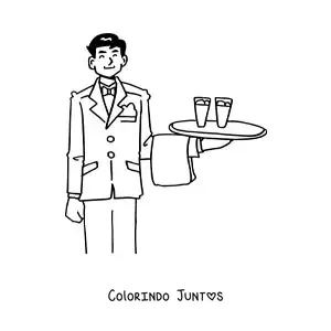 Desenho para colorir de garcom animado levando uma bandeja com copos