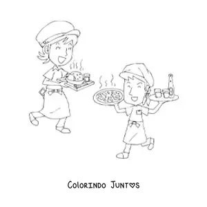 Desenho para colorir de caricatura de garcons de um restaurante trabalhando