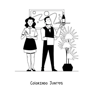 Desenho para colorir de garconete e garcom de um restaurante