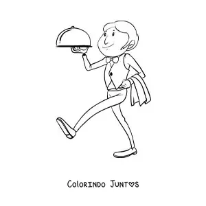 Desenho para colorir de garcom levando uma bandeja em um restaurante