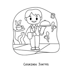Desenho para colorir de garcom animado levando uma bandeja em um restaurante