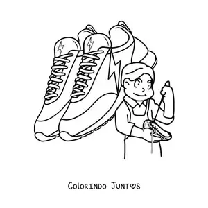 Desenho para colorir de homem com oficio de sapateiro animado com um par de sapatos