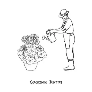 Desenho para colorir de jardineiro com chapeu regando as plantas