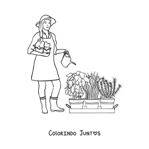 Desenho para colorir de jardineira com chapeu regando as plantas
