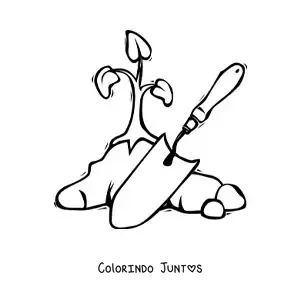 Desenho para colorir de pa de jardineiro ao lado de uma planta