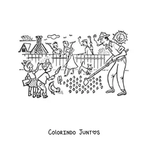 Desenho para colorir de familia com criancas fazendo trabalhos de jardinagem no jardim
