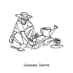 Desenho para colorir de mulher jardineira com chapeu plantando no jardim