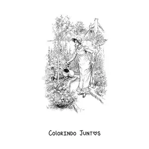 Desenho para colorir de jardineira antiga realista regando as plantas